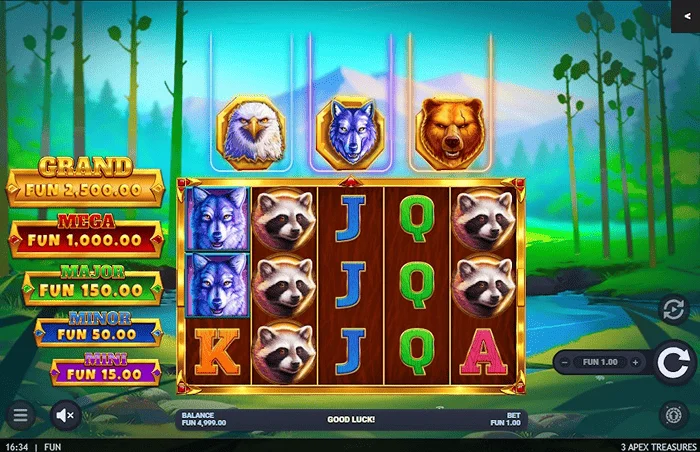 3 Apex Treasures - główny ekran gry z bębnami 5x3